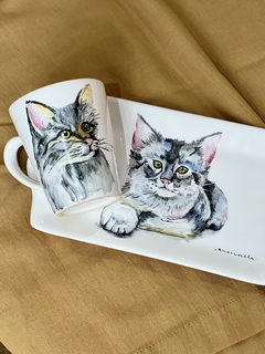 juego taza y bandeja gatito