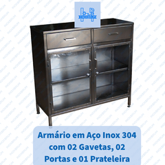 Armário em Aço Inox 304 com  02 Gavetas, 02 Portas e 01 Prateleira/02 Divisórias med. 1000x500x1200 (CxLxA)