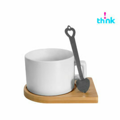 taza blanca tipo te 8oz base madera y cuchara