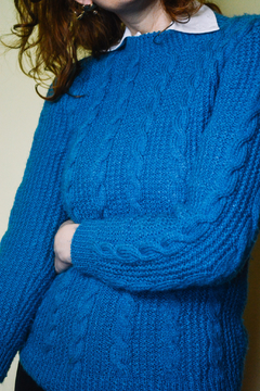 Suéter Lã Tricot Azul Trançado