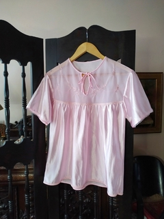 Blusa Vintage Cetim Rosa Tule Bordado