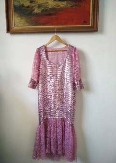 Vestido Vintage Anos 1980 Costureira Paetê Rosa