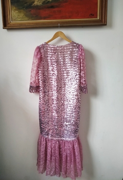 Vestido Vintage Anos 1980 Costureira Paetê Rosa