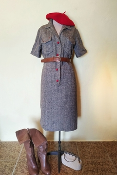 Vestido Vintage Tweed Lã Botão Vermelho - loja online