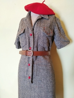 Vestido Vintage Tweed Lã Botão Vermelho - comprar online