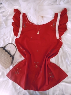 Baby Doll Vintage Bordado Vermelho