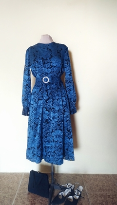 Vestido Midi Vintage Azul Manga Comprida