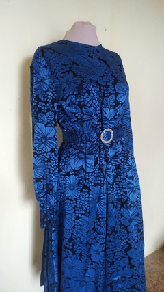 Vestido Midi Vintage Azul Manga Comprida - comprar online