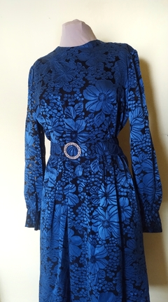 Vestido Midi Vintage Azul Manga Comprida - loja online