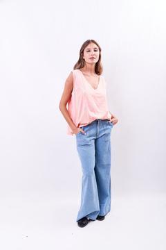 Pantalón wide leg de jean, con costura en bolsillos. - Proverbio