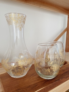 DECANTER GLASS + 2 VASOS GOLDEN