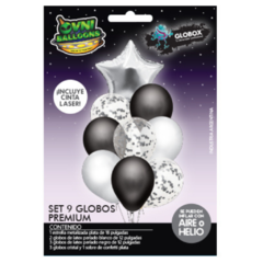 Set Globos Confetti Plata y Negro