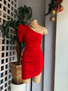 VESTIDO UM OMBRO SÓ COM MANGA BUFANTE E PREGAS GROOVY - comprar online