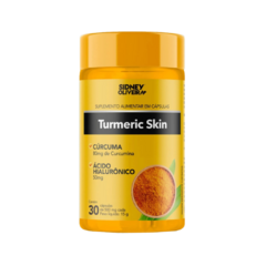 Frasco de suplemento alimentar Turmeric Skin, contendo cápsulas de cúrcuma e ácido hialurônico.