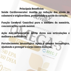 Texto sobre os principais benefícios de um suplemento Omega-3, destacando saúde cardiovascular, função cerebral, ação anti-inflamatória e fortalecimento imunológico.