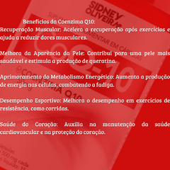 Imagem destacando os benefícios da Coenzima Q10, incluindo recuperação muscular, melhora da pele, metabolismo energético, desempenho esportivo e saúde do coração.