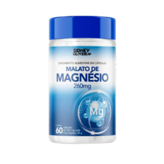 Frasco de suplemento alimentar Malato de Magnésio com 60 cápsulas de 260mg cada, da marca Sidney Oliveira.