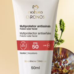 Embalagem de protetor solar facial Natura Chronos, com FPS 50, destacando suas propriedades antissinais.