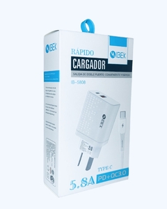 Cargador para Androide + iPhone 15 y 16 IBEK 5.8A USB/USB-C 20W c/cable Tipo C desmontable IB-5808 en internet