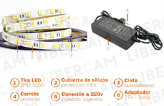 Tiras Led 5 Metros Luz Blanca frío Autoadhesiva Fuente 220V 12V - comprar online