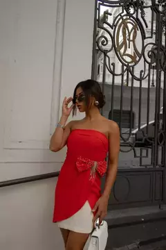 Vestido Bordado Cristais Vermelho