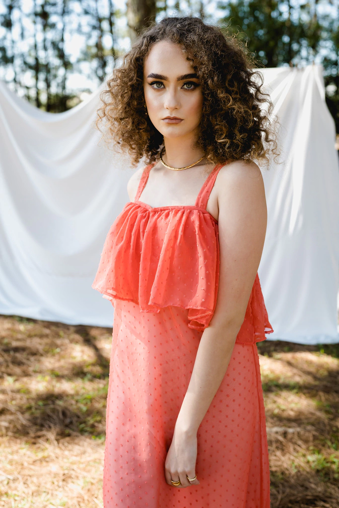 Vestido Longo Crepe Living Coral Ruffles