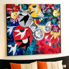 Quadro de Flores pintado sob Madeira a mão Tam. 76x76 - comprar online