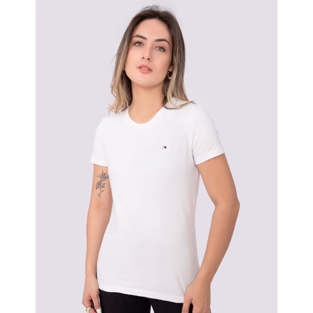 Camiseta Essential Tommy Hilfiger Feminina Gola C Branca