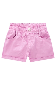 Short teen de sarja com elastano na cor rosa, com bolso frontal e cintura elástica.