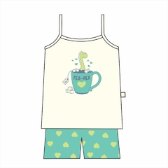 Conjunto de pijama curto com regata e shorts, apresentando um desenho de um dinossauro em uma caneca de chá.