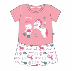 Camisola rosa com estampa de urso e unicórnio, ideal para pijama infantil.