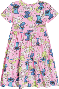 Vestido infantil rosa com estampa do personagem Stitch e flores.