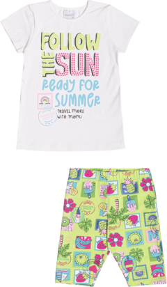 Conjunto de blusa e legging infantil com estampa colorida e mensagem "FOLLOW THE SUN".