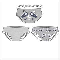 Conjunto de três calcinhas cavadas com estampa de animais, incluindo uma com rosto de guaxinim e outras com padrões semelhantes.