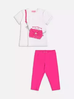 Conjunto infantil com camiseta branca estampada de pochete rosa e calça legging rosa.