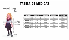 Tabela de medidas para a calça juvenil Wide Leg em Crepe Collie, mostrando tamanhos e dimensões de busto, cintura, quadril e altura.