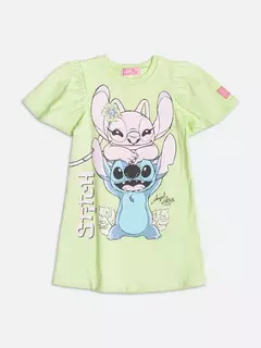 Vestido verde com estampa de Stitch e Angel, personagens da Disney, em fundo claro.