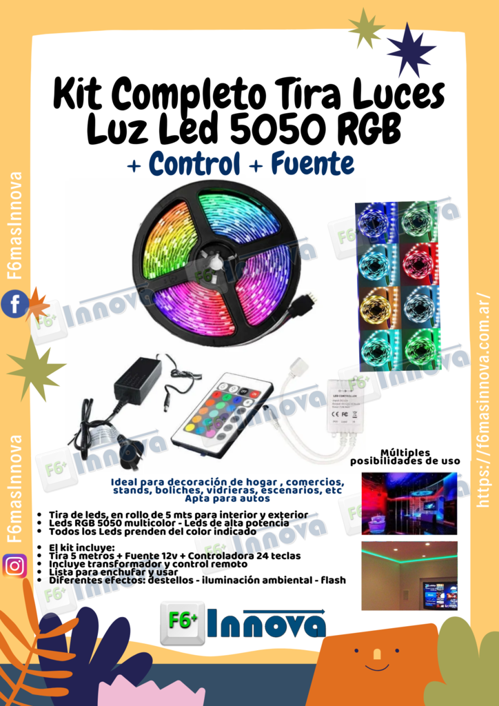 Kit Completo Tira Luces Luz Led 5050 RGB + Control + Fuente