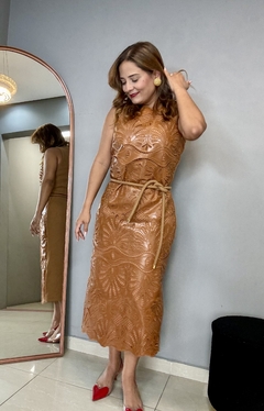 Vestido couro e laise caramelo M - comprar online