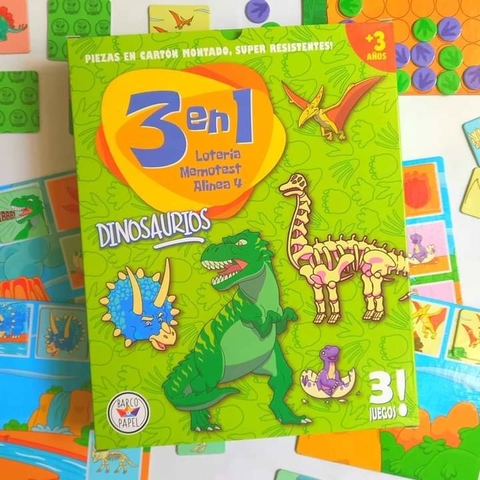 3 En 1 Dinosaurios: Lotería, Memo Y Alinea 4