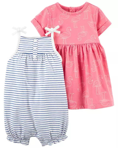 Conjunto Carter's 2 peças Vestido Flamingo e Romper Listrado