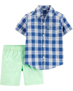 Conjunto de Verão 2 Peças Carter's Camisa Xadrez e Short Verde