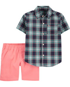 Conjunto de Verão Carter's 2 Peças Camisa de Botão Xadrez e Short Salmão