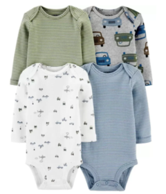 Conjunto 4 Bodies Carter's Manga Longa Estampa Carros