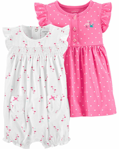 Conjunto Carter's 2 peças Vestido e Romper Flamingo