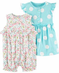 Conjunto Carter's 2 peças Vestido Floral e Romper Bolinha Azul