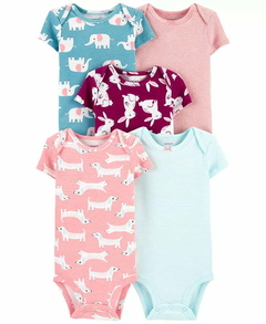 Conjunto 5 Bodies Carter's Manga Curta Animais Rosa