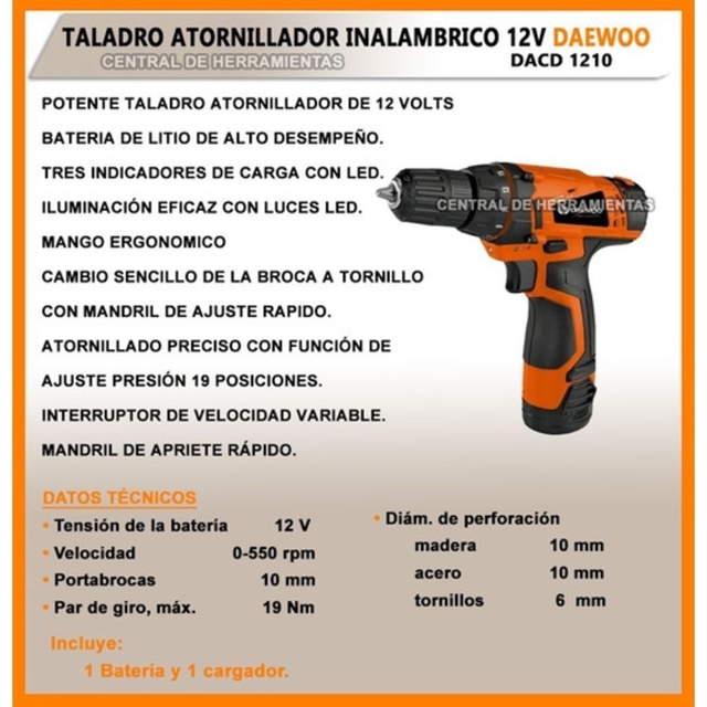 Taladro Atornillador Daewoo + Carg Bateria 12v + Set Puntas