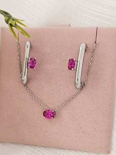 Colar Conjunto Oval Delicado Safira Rosa