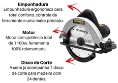 Serra circular para madeira 7.1/4" 1100 watts - GYSC1100 - Hammer na internet